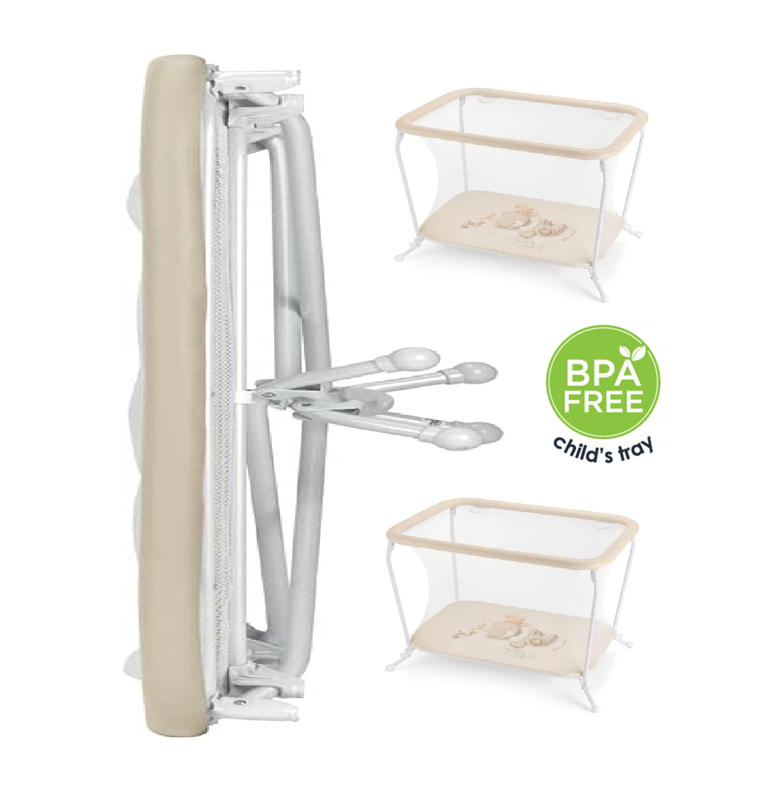 Cam Lusso Playard - Beige - Playpen for Baby, Baby Bed, Baby Crib  0-15 kg.  4 support handles, Padded anti-bite handrail, Anti-finger entrapment mesh, Easy to clean, Compact folding