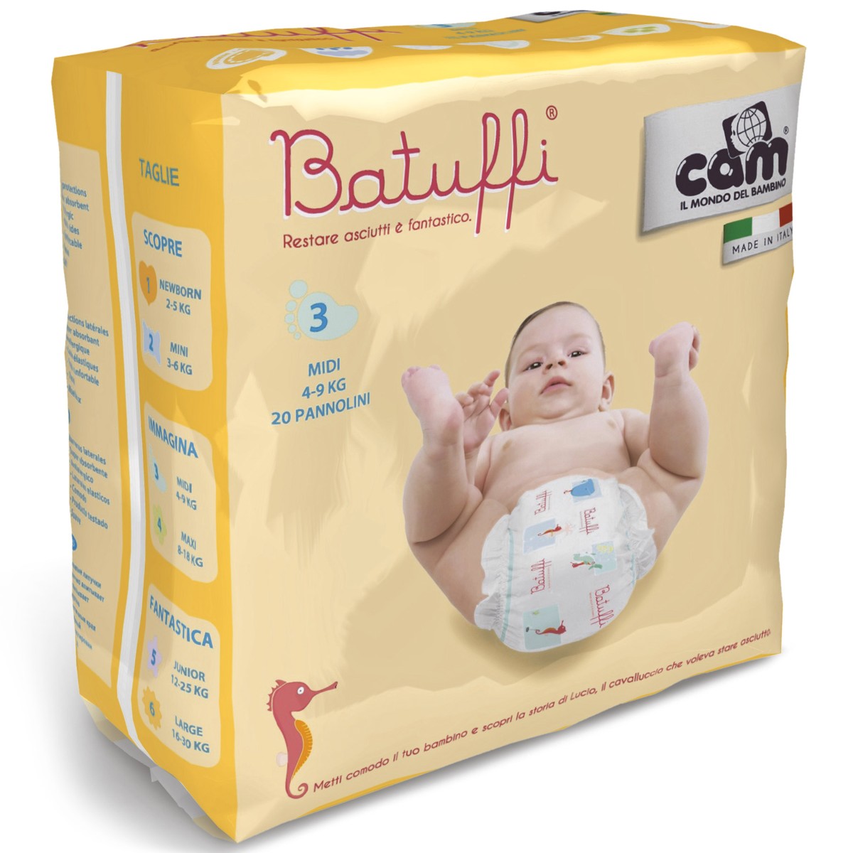 Cam Batuffi Midi DiaperaCam - Baby Batuffi Midium Diaper, Babies/Infant/ Hyperallergenic, clinically, disposable, softest absorption, leakproof, Ultimate skin care, protection from 3 months 4 to 9 kg - Light blue